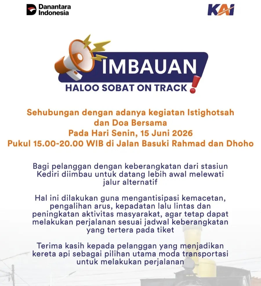 Jelang  1 Muharram, KAI Daop 7 Imbau Penumpang Tiba Lebih Awal di Stasiun Kediri