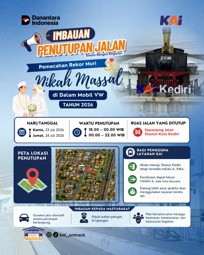 Besok Jumat Ada Rekor Muri Nikah Massal, KAI Daop 7 Madiun Imbau Penumpang Datang Lebih Awal di Stasiun Kediri