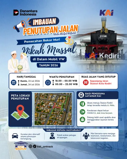 Besok Jumat Ada Rekor Muri Nikah Massal, KAI Daop 7 Madiun Imbau Penumpang Datang Lebih Awal di Stasiun Kediri