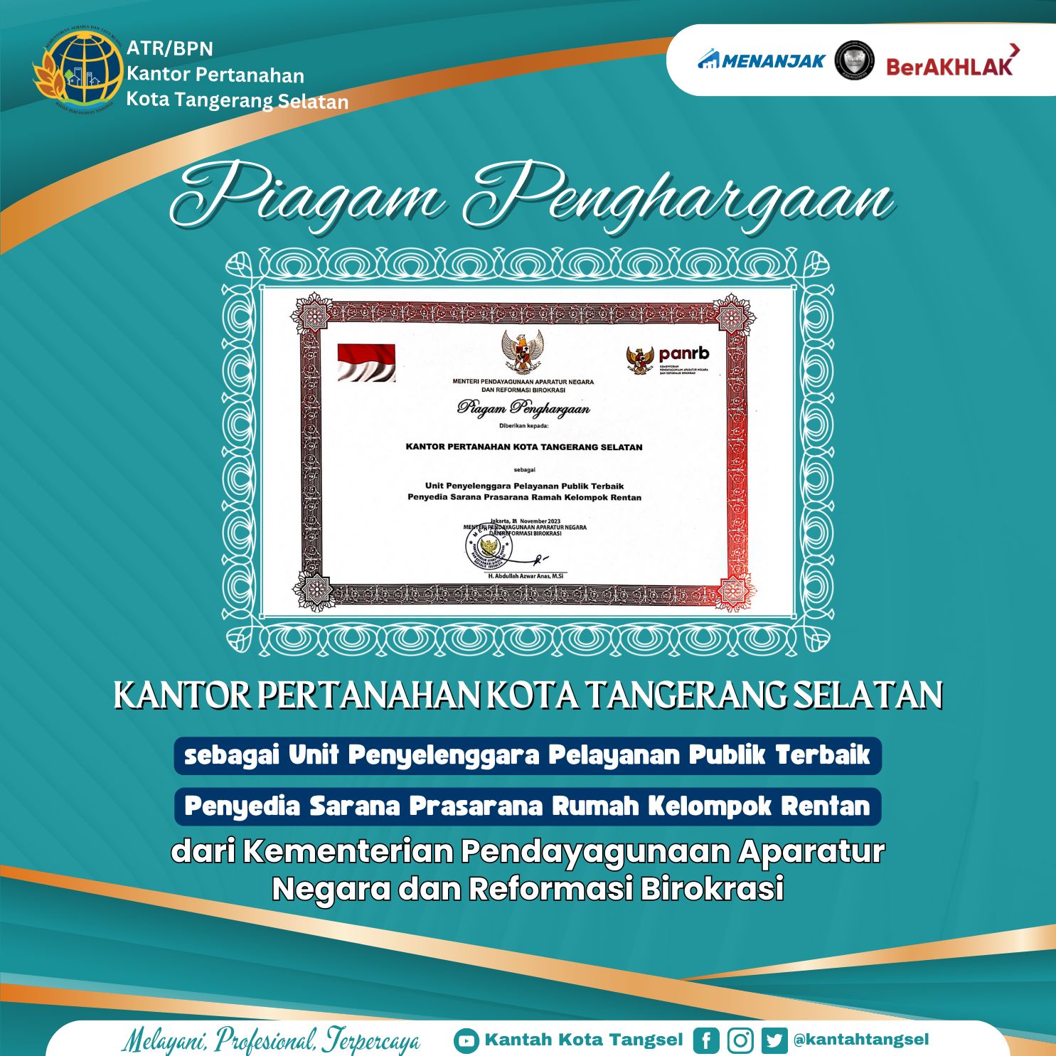 Layani Publik Hingga Sediakan Sarana Prasarana Rumah Kelompok Rentan, Kantah Tangsel Diganjar Penghargaan KemenPAN RB