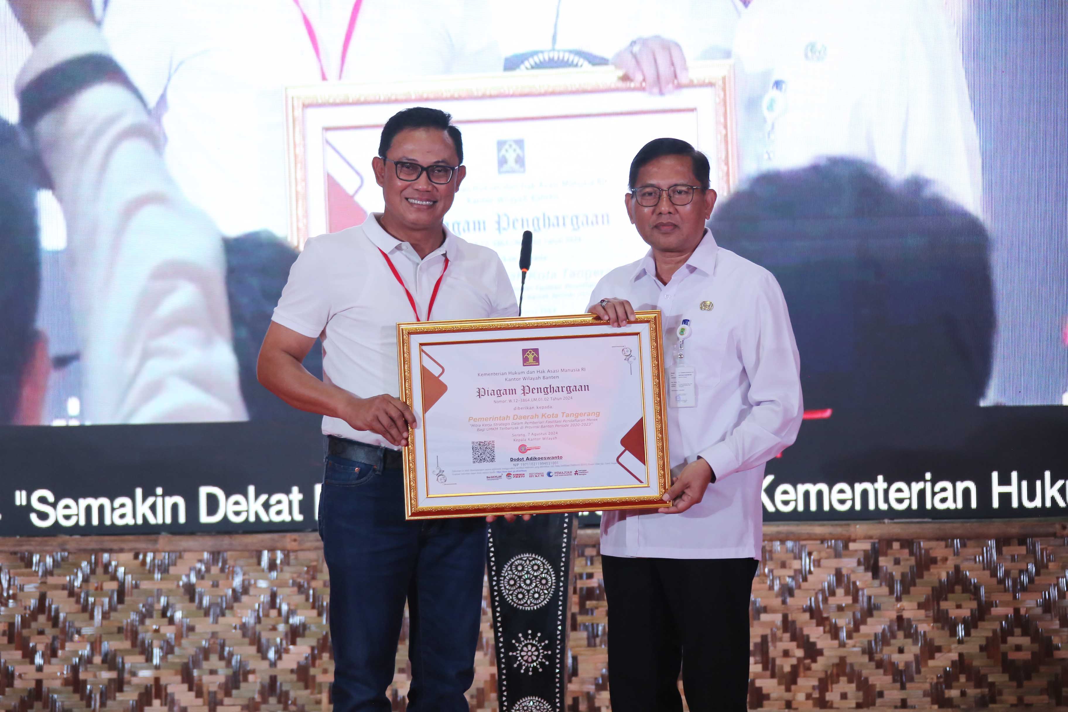 Fasilitasi UMKM, Pemkot Tangerang Raih Penghargaan dari Kemenkumham Banten
