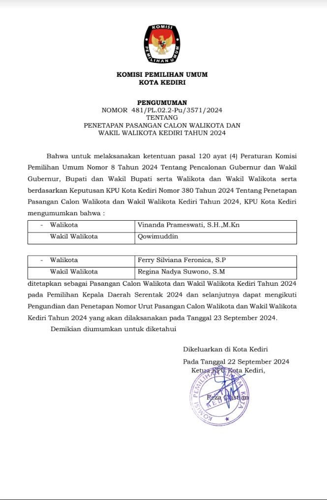 Dua Pasangan Calon Walikota-Wakil Walikota Kediri Siap Tarung pada Pilkada 2024